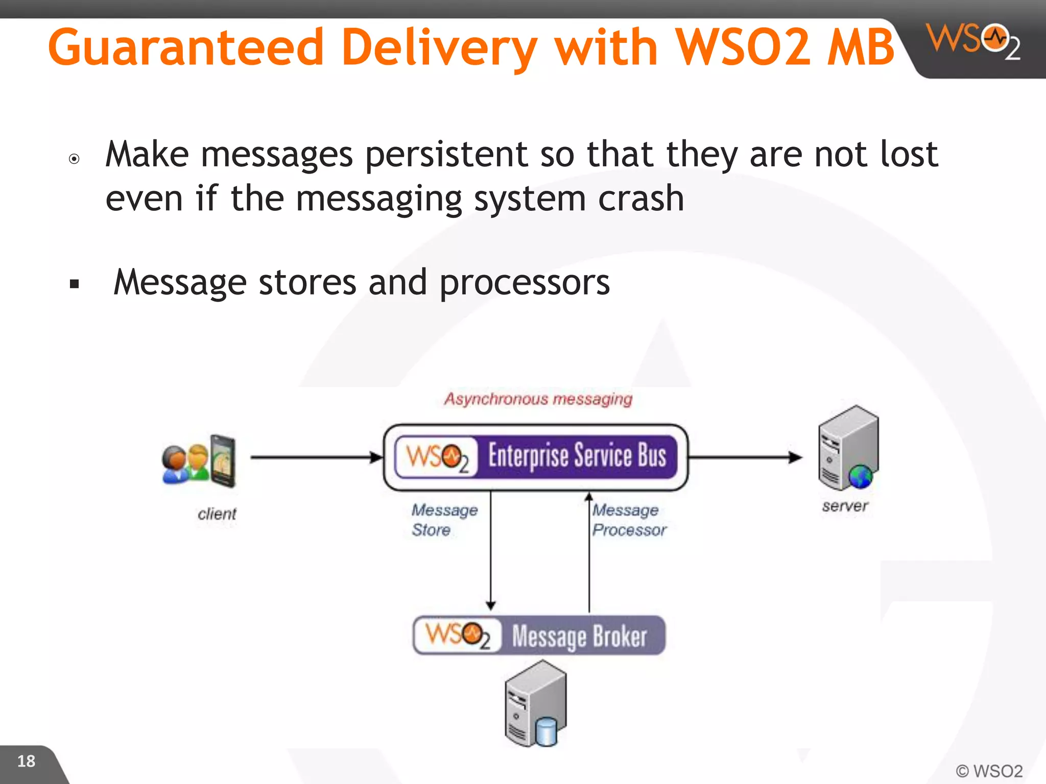๏ Make messages persistent so that they are not lost
even if the messaging system crash
 Message stores and processors
18
Guaranteed Delivery with WSO2 MB
 