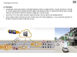 e-Horizon
• 센서를 통해 수집한 실제 지형과 디지털 맵을 통합하여 차량의 시스템을 제어하는 지능형 네비게이션 소프트웨
어. 도로의 상황과 세부 맵 자료를 분석하여 사물과 지형 정보를 인지하고 이 정보에 따라 엔진과 변속기 관리를
자동으로 하여 운전자가 편안하고 안정적인 주행을 할 수 있도록 도와줌
• 실시간으로 각각 다른 차량의 센서에서 취합한 데이터를 기반으로 클라우드에 정보를 업데이트
• 갑자기 앞에서 차량이 정지되어 있다던가 안개로 인해 시야가 뿌연 상황에서는 e-Horizon에 의한 능동적인 차
량 제어가 운전자의 안전을 지켜줄 것으로 보임
Intelligent Service
 