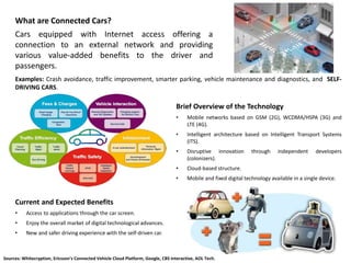 Examples: Crash avoidance, traffic improvement, smarter parking, vehicle maintenance and diagnostics, and SELF-
DRIVING CARS.
What are Connected Cars?
Cars equipped with Internet access offering a
connection to an external network and providing
various value-added benefits to the driver and
passengers.
Brief Overview of the Technology
• Mobile networks based on GSM (2G), WCDMA/HSPA (3G) and
LTE (4G).
• Intelligent architecture based on Intelligent Transport Systems
(ITS).
• Disruptive innovation through independent developers
(colonizers).
• Cloud-based structure.
• Mobile and fixed digital technology available in a single device.
Current and Expected Benefits
• Access to applications through the car screen.
• Enjoy the overall market of digital technological advances.
• New and safer driving experience with the self-driven car.
Sources: Whitecryption, Ericsson’s Connected Vehicle Cloud Platform, Google, CBS Interactive, AOL Tech.
 