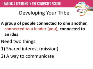 Developing Your Tribe
A group of people connected to one another,
connected to a leader (you), connected to
an idea
Need two things:
1) Shared interest (mission)
2) A way to communicate
 