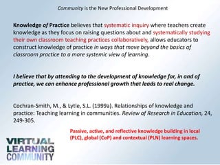 Community is the New Professional Development
Knowledge of Practice believes that systematic inquiry where teachers create
knowledge as they focus on raising questions about and systematically studying
their own classroom teaching practices collaboratively, allows educators to
construct knowledge of practice in ways that move beyond the basics of
classroom practice to a more systemic view of learning.
I believe that by attending to the development of knowledge for, in and of
practice, we can enhance professional growth that leads to real change.
Cochran-Smith, M., & Lytle, S.L. (1999a). Relationships of knowledge and
practice: Teaching learning in communities. Review of Research in Education, 24,
249-305.
Passive, active, and reflective knowledge building in local
(PLC), global (CoP) and contextual (PLN) learning spaces.
 