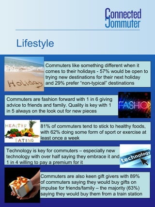 Lifestyle
Commuters like something different when it
comes to their holidays - 57% would be open to
trying new destinations for their next holiday
and 29% prefer “non-typical” destinations
Commuters are fashion forward with 1 in 6 giving
advice to friends and family. Quality is key with 1
in 5 always on the look out for new pieces
81% of commuters tend to stick to healthy foods,
with 62% doing some form of sport or exercise at
least once a week
Technology is key for commuters – especially new
technology with over half saying they embrace it and
1 in 4 willing to pay a premium for it
Commuters are also keen gift givers with 89%
of commuters saying they would buy gifts on
impulse for friends/family – the majority (63%)
saying they would buy them from a train station

 