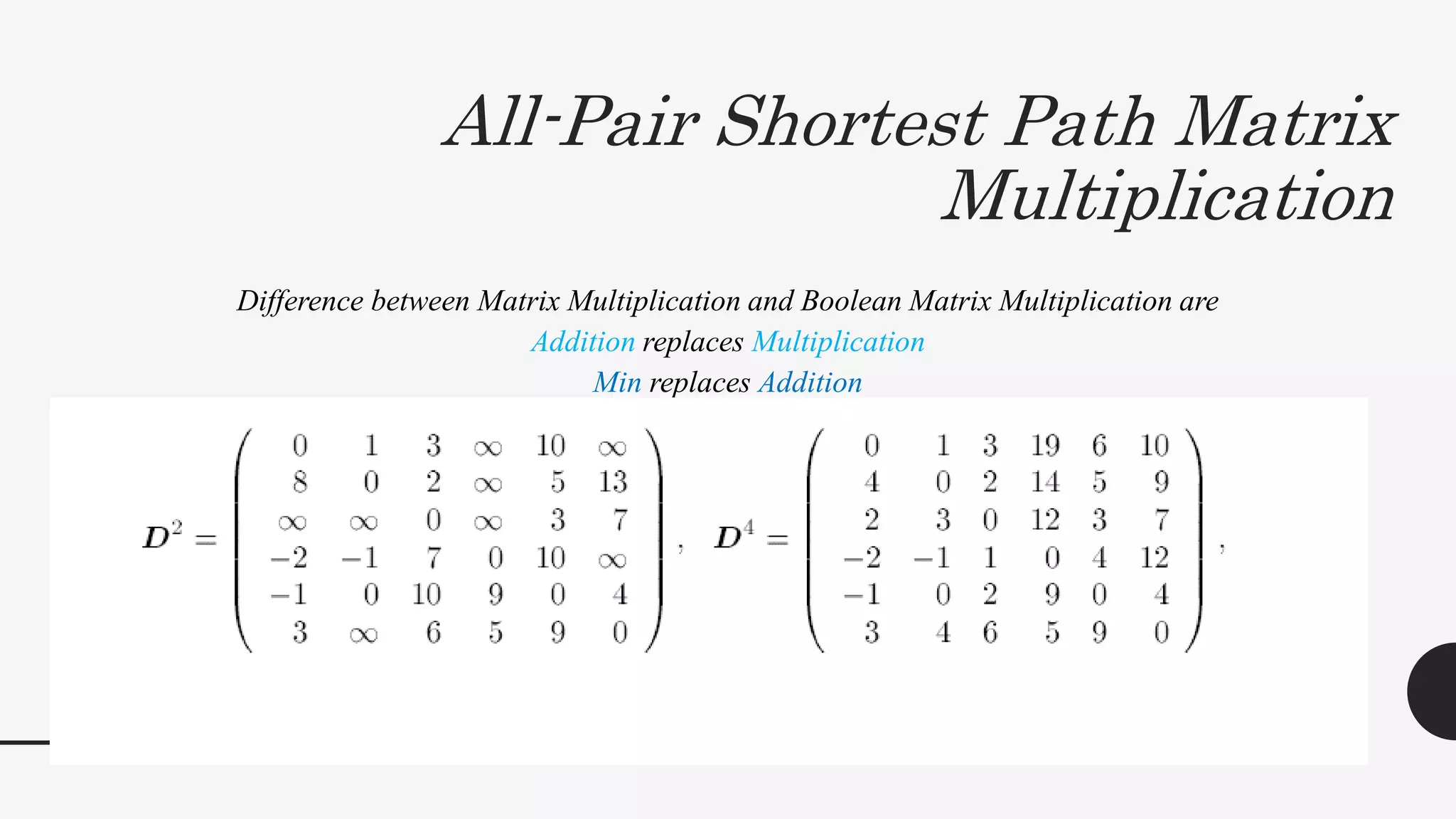 All-Pair Shortest Path Matrix
Multiplication
Difference between Matrix Multiplication and Boolean Matrix Multiplication are
Addition replaces Multiplication
Min replaces Addition
 