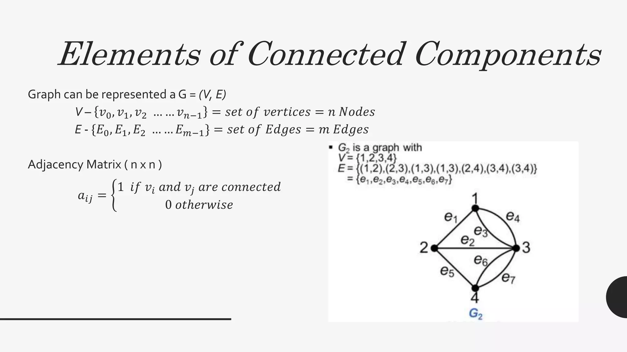 Elements of Connected Components
Graph can be represented a G = (V, E)
V – 𝑣0, 𝑣1, 𝑣2 … … 𝑣 𝑛−1 = 𝑠𝑒𝑡 𝑜𝑓 𝑣𝑒𝑟𝑡𝑖𝑐𝑒𝑠 = 𝑛 𝑁𝑜𝑑𝑒𝑠
E - {𝐸0, 𝐸1, 𝐸2 … … 𝐸 𝑚−1} = 𝑠𝑒𝑡 𝑜𝑓 𝐸𝑑𝑔𝑒𝑠 = 𝑚 𝐸𝑑𝑔𝑒𝑠
Adjacency Matrix ( n x n )
𝑎𝑖𝑗 =
1 𝑖𝑓 𝑣𝑖 𝑎𝑛𝑑 𝑣𝑗 𝑎𝑟𝑒 𝑐𝑜𝑛𝑛𝑒𝑐𝑡𝑒𝑑
0 𝑜𝑡ℎ𝑒𝑟𝑤𝑖𝑠𝑒
 