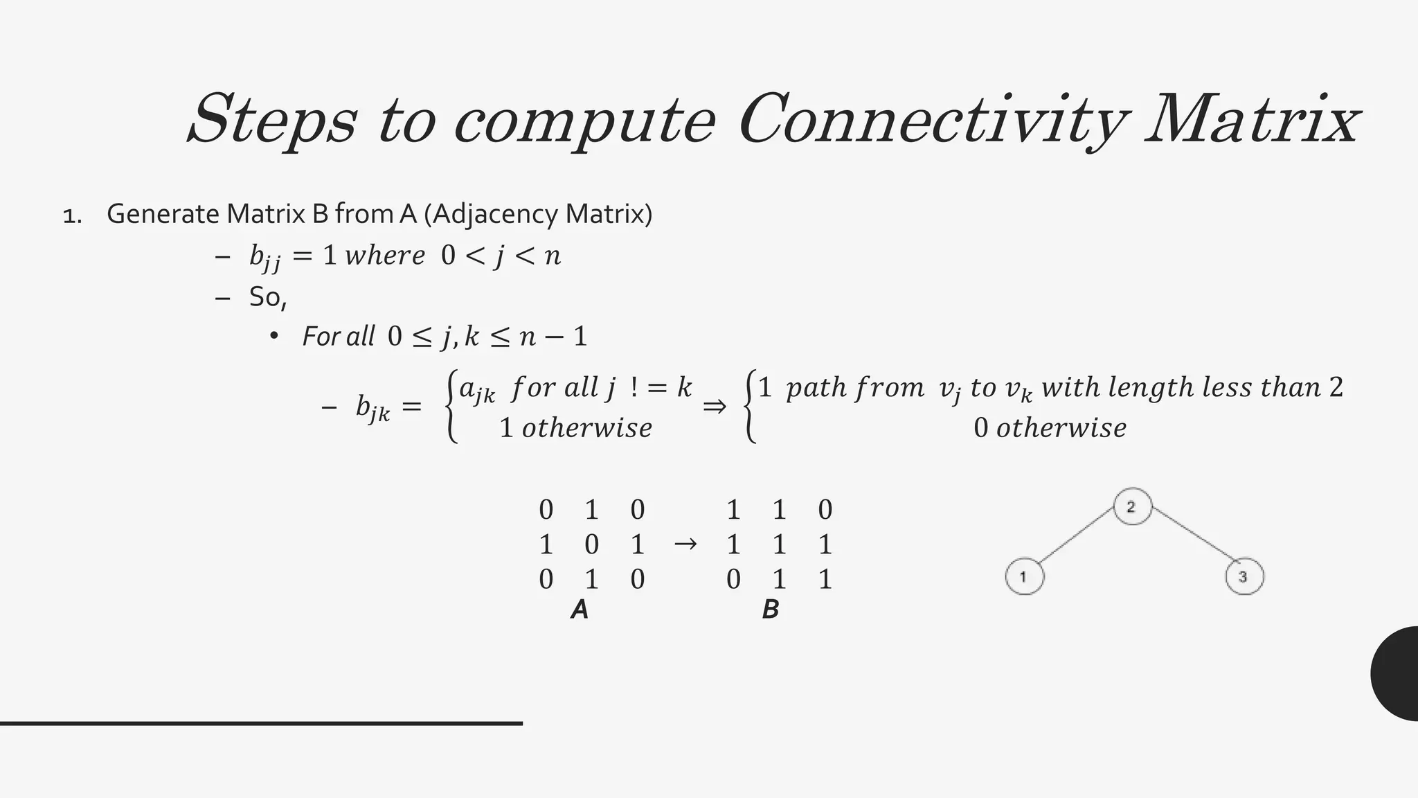 Steps to compute Connectivity Matrix
1. Generate Matrix B fromA (Adjacency Matrix)
– 𝑏𝑗𝑗 = 1 𝑤ℎ𝑒𝑟𝑒 0 < 𝑗 < 𝑛
– So,
• For all 0 ≤ 𝑗, 𝑘 ≤ 𝑛 − 1
– 𝑏𝑗𝑘 =
𝑎𝑗𝑘 𝑓𝑜𝑟 𝑎𝑙𝑙 𝑗 ! = 𝑘
1 𝑜𝑡ℎ𝑒𝑟𝑤𝑖𝑠𝑒
⇒
1 𝑝𝑎𝑡ℎ 𝑓𝑟𝑜𝑚 𝑣𝑗 𝑡𝑜 𝑣 𝑘 𝑤𝑖𝑡ℎ 𝑙𝑒𝑛𝑔𝑡ℎ 𝑙𝑒𝑠𝑠 𝑡ℎ𝑎𝑛 2
0 𝑜𝑡ℎ𝑒𝑟𝑤𝑖𝑠𝑒
0 1 0
1 0 1
0 1 0
→
1 1 0
1 1 1
0 1 1
A B
 