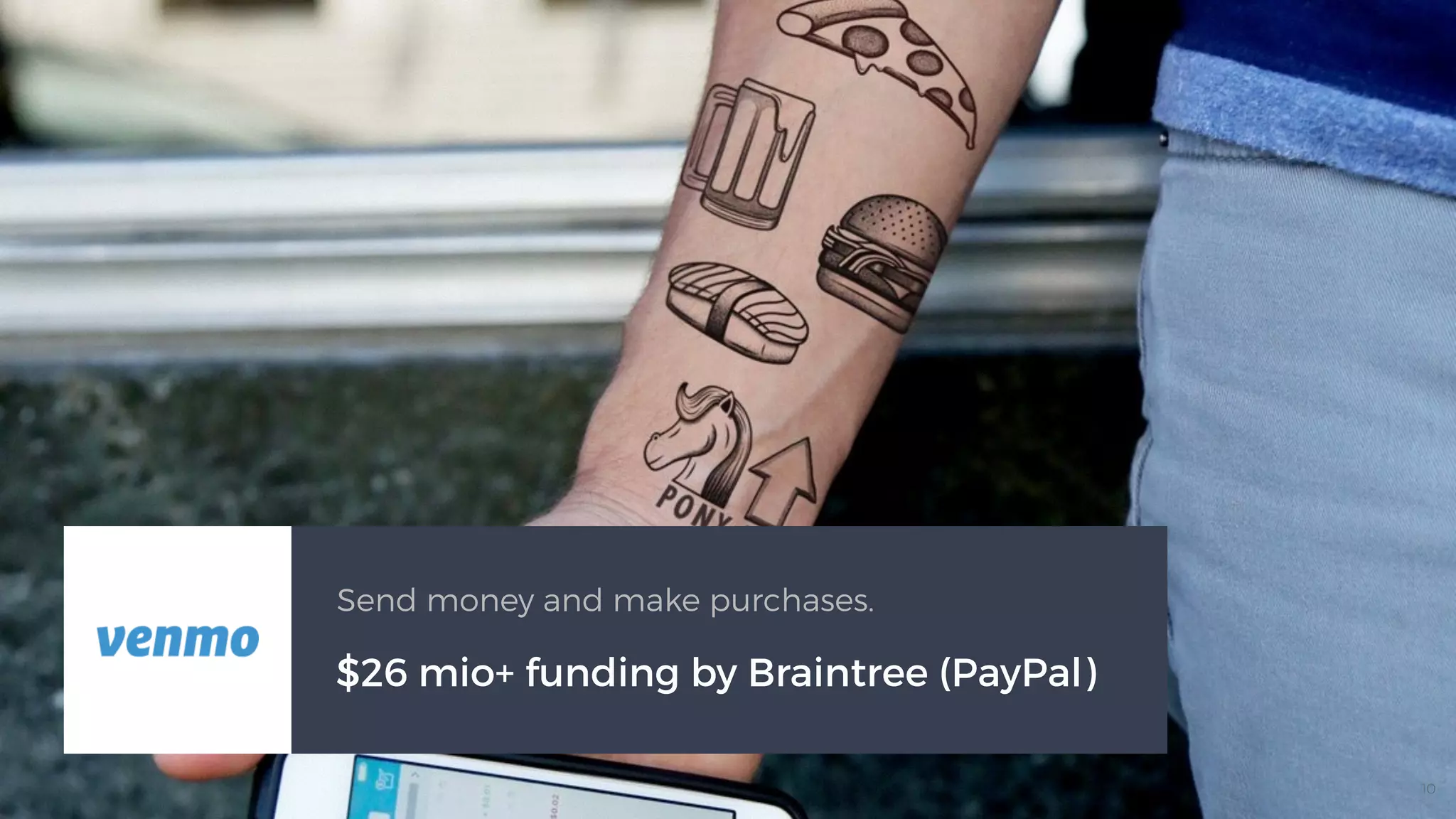 $26 mio+ funding by Braintree (PayPal)
Send money and make purchases.
10
 