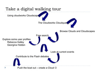 Take a digital walking tourUsing cloudworks CloudscapesThe Cloudworks CloudquestBrowse Clouds and CloudscapesFree searchExplore some user profilesRebecca GalleyGeorgina HoldenLook at current eventsContribute to the Flash debatesPush the boat out – create a Cloud 