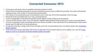 Page Title Goes HereConnected Consumer 2015
© Chetan Sharma Consulting, 2015. All Rights Reserved
• US consumers will spend more on wearables than feature phones in 2015.
• Chetan Sharma Consulting conducted its annual Connected Consumer survey of 1000 US households. The results confirmed the
ongoing increase in the number of connected devices/household.
• The number of connected devices per US household is now 5.3 with over 37% of the households in the 4-8 range.
• Almost 6% of the households have 15 or more connected devices.
• In terms of geography, US Northeast households had the highest number of devices per households
• In terms of urban density, urban, rural, and suburban neighborhoods exhibited similar propensity to acquire connected devices.
• In terms of household income, households with annual income of $150K or more had almost 10 connected devices. Next income
bracket was $75-100K with 6.6 connected devices.
• US operators have been seeing a bulk of their net-adds come from connected devices (for more details, please refer US Wireless
Market Updates).
• In the most recent quarter (Q2 2015), 62% of the net-adds were from non-phone devices such as tablets, cars, and m2m (more
details to come in our Q2 2015 US Wireless Market Update next week).
 