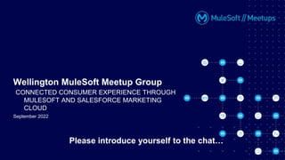 September 2022
Wellington MuleSoft Meetup Group
CONNECTED CONSUMER EXPERIENCE THROUGH
MULESOFT AND SALESFORCE MARKETING
CLOUD
Please introduce yourself to the chat…
 