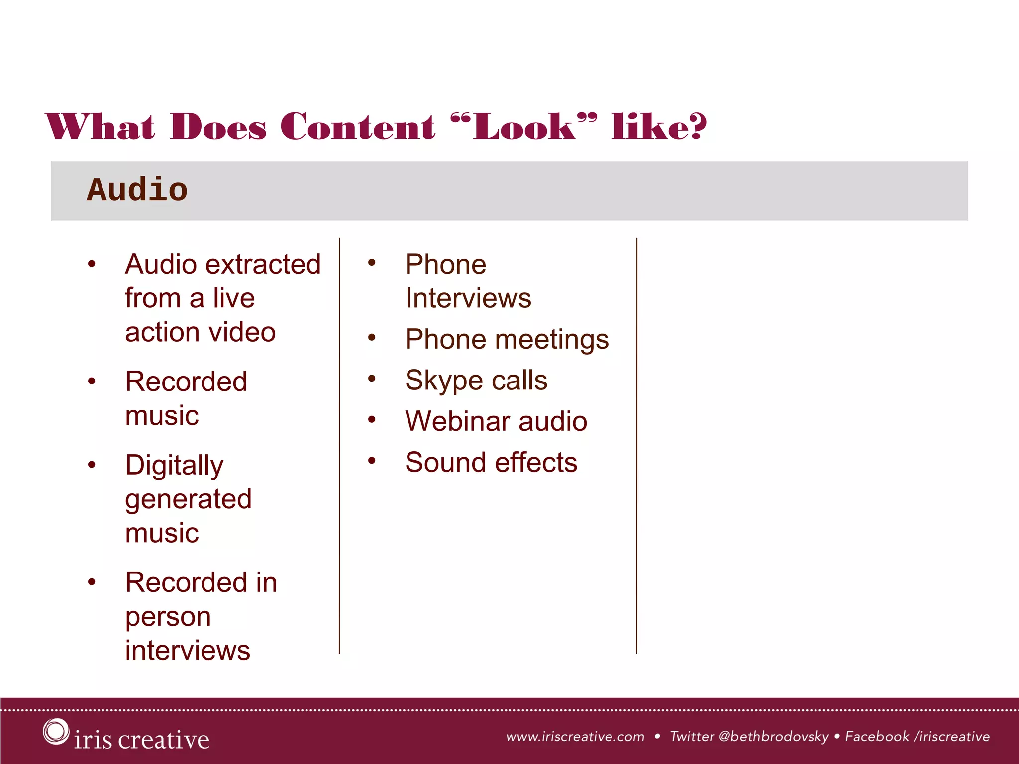 What Does Content “Look” like?
•  Audio extracted
from a live
action video
•  Recorded music
•  Digitally
generated
music
•  Recorded in
person
interviews
Audio
•  Phone
Interviews
•  Phone meetings
•  Skype calls
•  Webinar audio
•  Sound effects
 