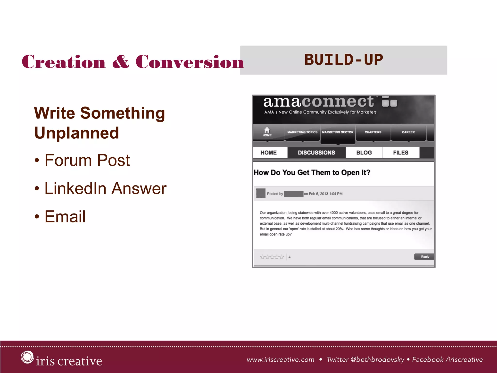 Creation & Conversion BUILD-UP
Write Something
Unplanned
• Forum Post
• LinkedIn Answer
• Email
 