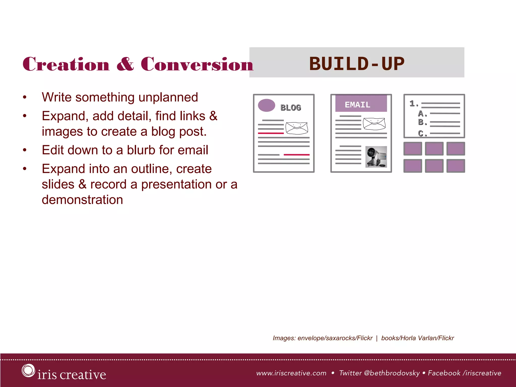 Creation & Conversion BUILD-UP
•  Write something unplanned
•  Expand, add detail, find links &
images to create a blog post.
•  Edit down to a blurb for email
•  Expand into an outline, create
slides & record a presentation or a
demonstration
Images: envelope/saxarocks/Flickr | books/Horla Varlan/Flickr
EMAIL
 