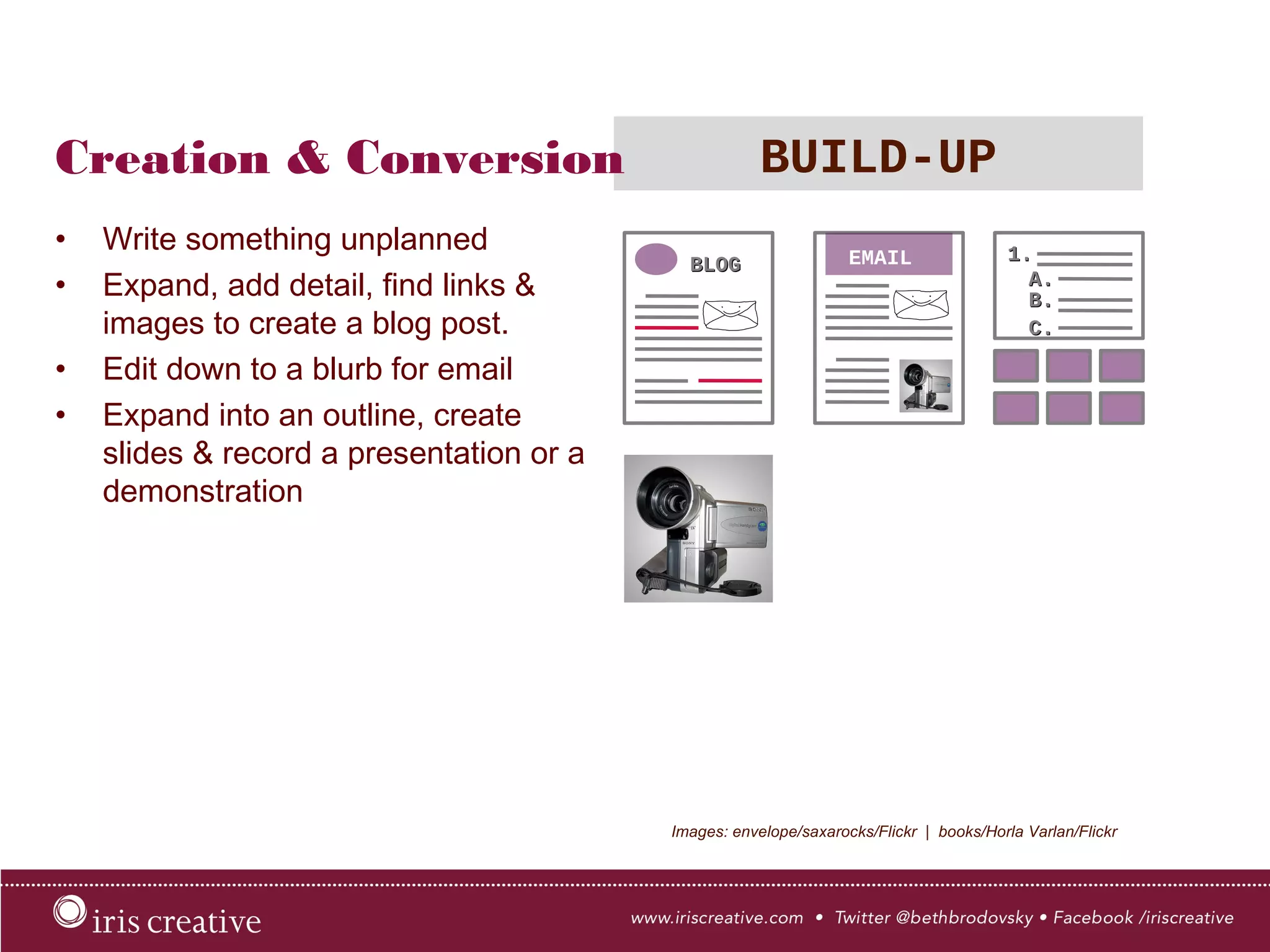 Creation & Conversion BUILD-UP
•  Write something unplanned
•  Expand, add detail, find links &
images to create a blog post.
•  Edit down to a blurb for email
•  Expand into an outline, create
slides & record a presentation or a
demonstration
Images: envelope/saxarocks/Flickr | books/Horla Varlan/Flickr
EMAIL
 