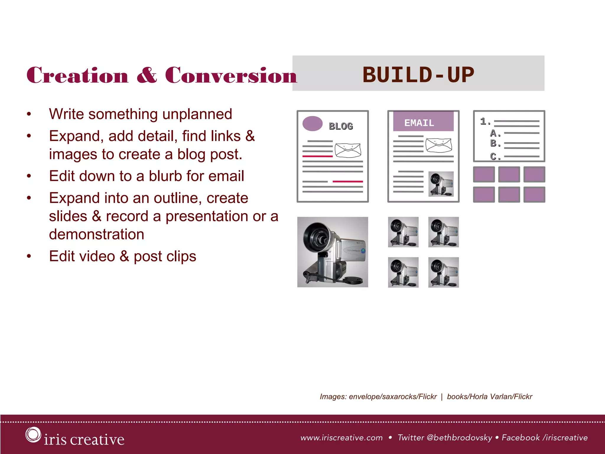 Creation & Conversion BUILD-UP
•  Write something unplanned
•  Expand, add detail, find links &
images to create a blog post.
•  Edit down to a blurb for email
•  Expand into an outline, create
slides & record a presentation or a
demonstration
•  Edit video & post clips
Images: envelope/saxarocks/Flickr | books/Horla Varlan/Flickr
EMAIL
 