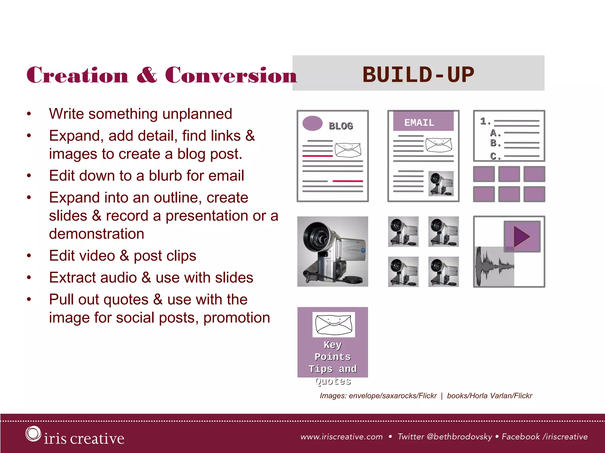 Creation & Conversion BUILD-UP
•  Write something unplanned
•  Expand, add detail, find links &
images to create a blog post.
•  Edit down to a blurb for email
•  Expand into an outline, create
slides & record a presentation or a
demonstration
•  Edit video & post clips
•  Extract audio & use with slides
•  Pull out quotes & use with the
image for social posts, promotion
Images: envelope/saxarocks/Flickr | books/Horla Varlan/Flickr
EMAIL
 