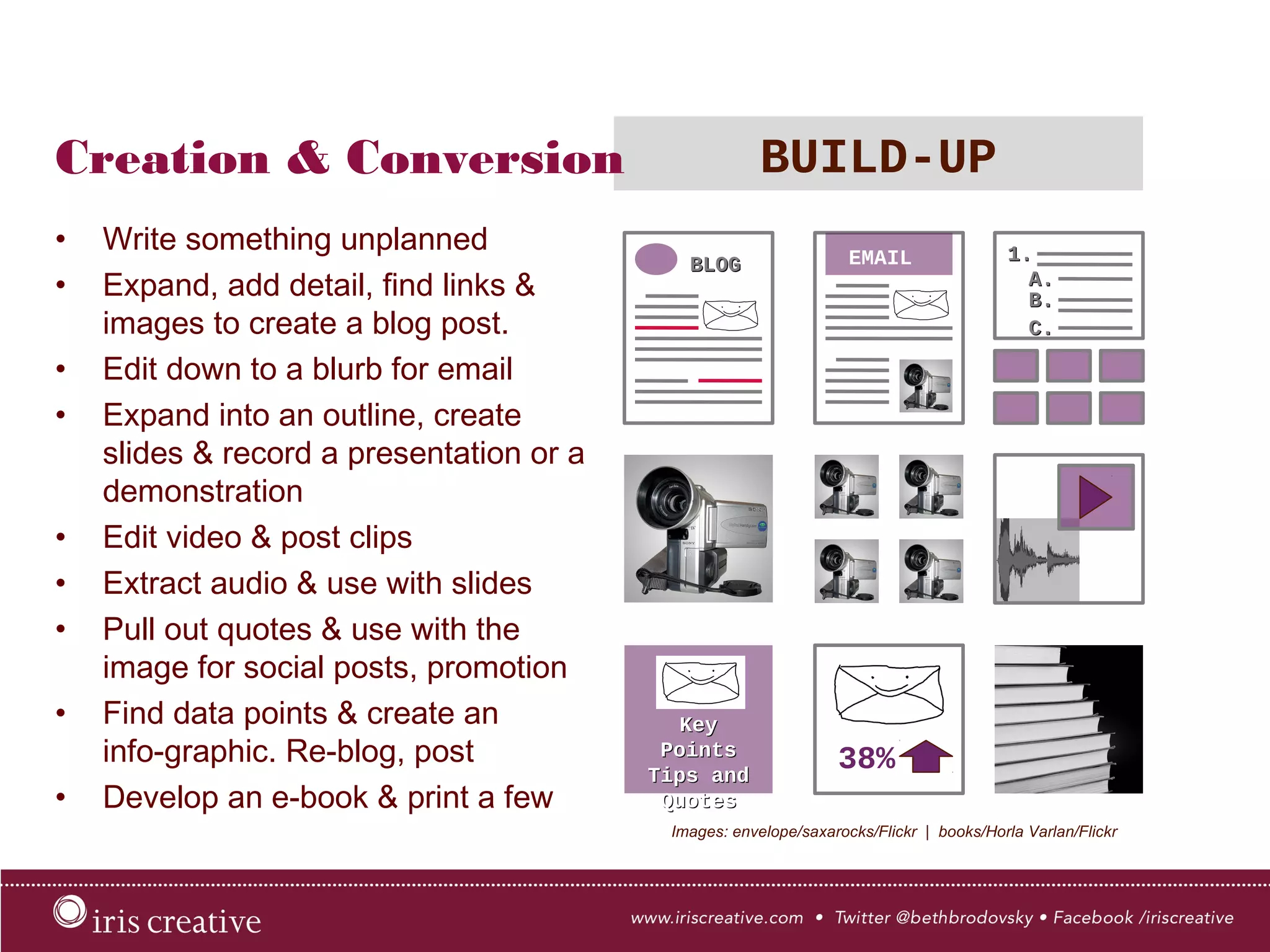 Creation & Conversion BUILD-UP
•  Write something unplanned
•  Expand, add detail, find links &
images to create a blog post.
•  Edit down to a blurb for email
•  Expand into an outline, create
slides & record a presentation or a
demonstration
•  Edit video & post clips
•  Extract audio & use with slides
•  Pull out quotes & use with the
image for social posts, promotion
•  Find data points & create an
info-graphic. Re-blog, post
•  Develop an e-book & print a few
Images: envelope/saxarocks/Flickr | books/Horla Varlan/Flickr
EMAIL
38%
 