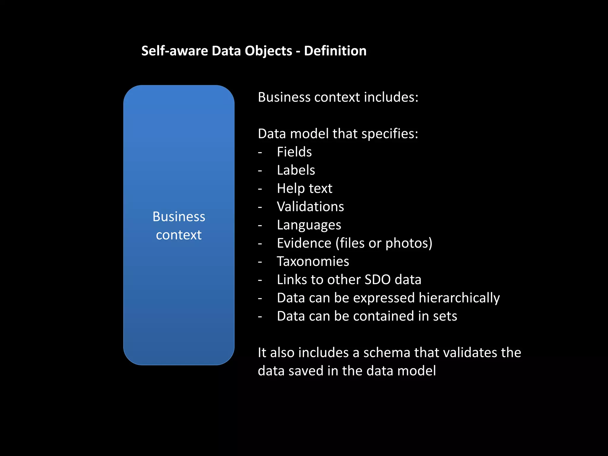 Business
context
Self-aware Data Objects - Definition
Business context includes:
Data model that specifies:
- Fields
- Labels
- Help text
- Validations
- Languages
- Evidence (files or photos)
- Taxonomies
- Links to other SDO data
- Data can be expressed hierarchically
- Data can be contained in sets
It also includes a schema that validates the
data saved in the data model
 