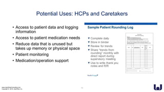 www.UserWiseConsulting.com
Copyright © 2018, UserWise, Inc.
Potential Uses: HCPs and Caretakers
• Access to patient data and logging
information
• Access to patient medication needs
• Reduce data that is unused but
takes up memory or physical space
• Patient monitoring
• Medication/operation support
12
 