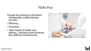 www.UserWiseConsulting.com
Copyright © 2018, UserWise, Inc.
FDA’s Foci
Through the sharing of information,
interoperable medical devices
promote:
• Efficiency
• Innovation
• “New models of health care
delivery,” including across products
from different manufacturers
15
Efficiency/innovation/new HC models
 