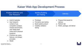 www.UserWiseConsulting.com
Copyright © 2018, UserWise, Inc.
Kaiser Web App Development Process
Delivery
Problem Definition and
User Research
● Audit of websites
● User research:
context of use,
competitive analysis,
industry benchmarks,
user needs (both
online and in physical
locations)
● Prioritize use cases,
features, and design
principles
● Ideate
Iterative Building
and Testing
● Prototype
● Formative user testing
● Build realistic product
● Usability validation
testing
● Prepare final assets for
delivery
● Perform QA
● Polish, package, and deliver
22
 