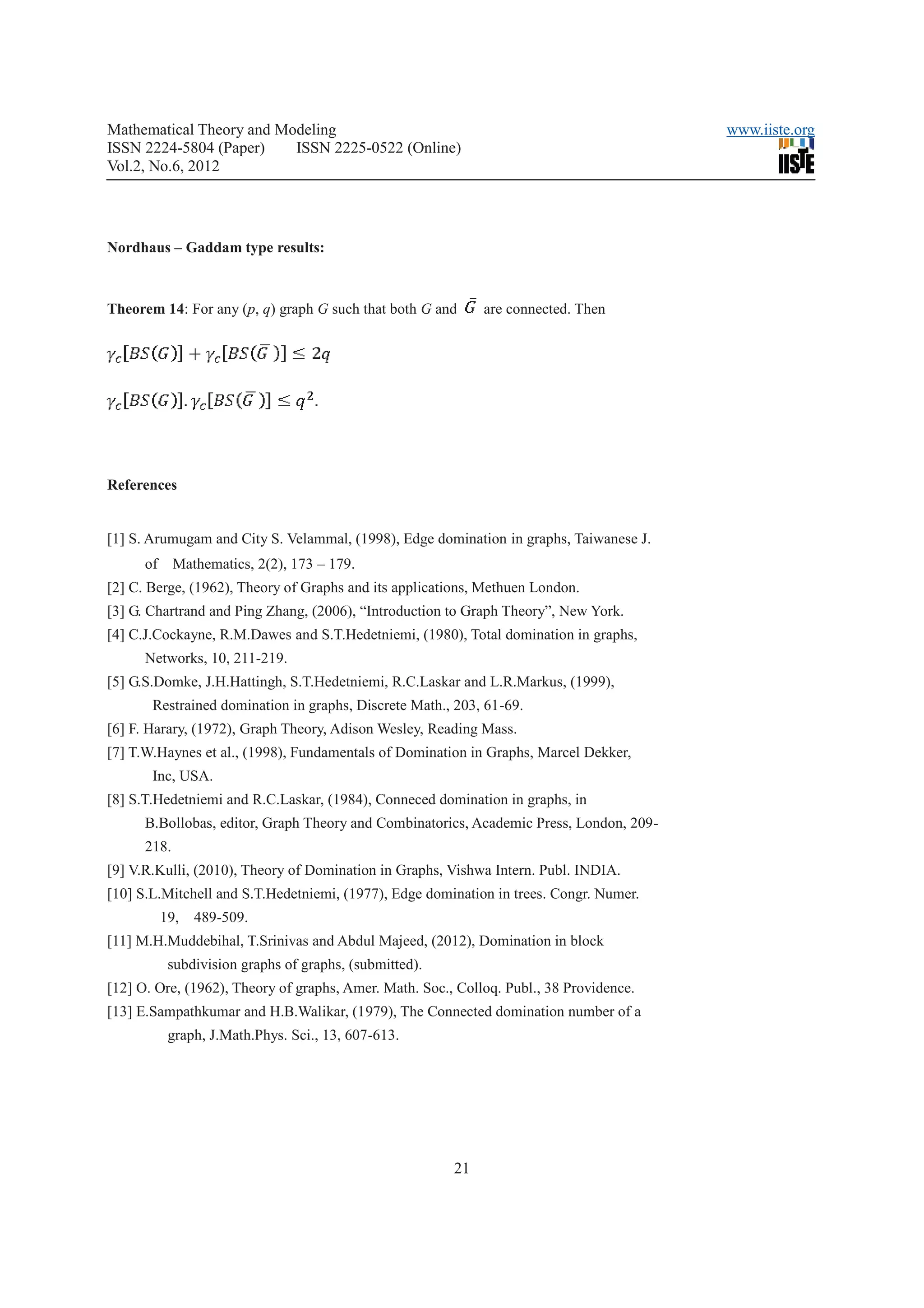Mathematical Theory and Modeling                                                         www.iiste.org
ISSN 2224-5804 (Paper)    ISSN 2225-0522 (Online)
Vol.2, No.6, 2012




Nordhaus – Gaddam type results:



Theorem 14: For any (p, q) graph G such that both G and       are connected. Then




References


[1] S. Arumugam and City S. Velammal, (1998), Edge domination in graphs, Taiwanese J.
      of     Mathematics, 2(2), 173 – 179.
[2] C. Berge, (1962), Theory of Graphs and its applications, Methuen London.
[3] G. Chartrand and Ping Zhang, (2006), “Introduction to Graph Theory”, New York.
[4] C.J.Cockayne, R.M.Dawes and S.T.Hedetniemi, (1980), Total domination in graphs,
      Networks, 10, 211-219.
[5] G.S.Domke, J.H.Hattingh, S.T.Hedetniemi, R.C.Laskar and L.R.Markus, (1999),
       Restrained domination in graphs, Discrete Math., 203, 61-69.
[6] F. Harary, (1972), Graph Theory, Adison Wesley, Reading Mass.
[7] T.W.Haynes et al., (1998), Fundamentals of Domination in Graphs, Marcel Dekker,
       Inc, USA.
[8] S.T.Hedetniemi and R.C.Laskar, (1984), Conneced domination in graphs, in
      B.Bollobas, editor, Graph Theory and Combinatorics, Academic Press, London, 209-
      218.
[9] V.R.Kulli, (2010), Theory of Domination in Graphs, Vishwa Intern. Publ. INDIA.
[10] S.L.Mitchell and S.T.Hedetniemi, (1977), Edge domination in trees. Congr. Numer.
           19,   489-509.
[11] M.H.Muddebihal, T.Srinivas and Abdul Majeed, (2012), Domination in block
            subdivision graphs of graphs, (submitted).
[12] O. Ore, (1962), Theory of graphs, Amer. Math. Soc., Colloq. Publ., 38 Providence.
[13] E.Sampathkumar and H.B.Walikar, (1979), The Connected domination number of a
            graph, J.Math.Phys. Sci., 13, 607-613.




                                                         21
 
