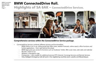 BMW Connected
Drive Services
BMW SA April
2015
Page 7
BMW ConnectedDrive Roll.
Highlights of SA 6AK – ConnectedDrive Servi...