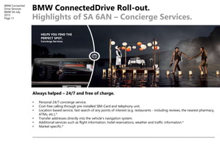 BMW Connected
Drive Services
BMW SA July
2015
Page 11
BMW ConnectedDrive Roll-out.
Highlights of SA 6AN – Concierge Servic...