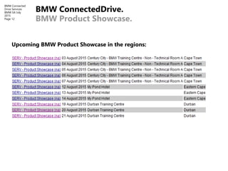 BMW Connected
Drive Services
BMW SA July
2015
Page 12
Upcoming BMW Product Showcase in the regions:
BMW ConnectedDrive.
BM...