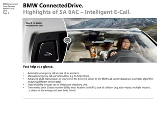 BMW Connected
Drive Services
BMW SA July
2015
Page 4
BMW ConnectedDrive.
Highlights of SA 6AC – Intelligent E-Call.
Fast h...