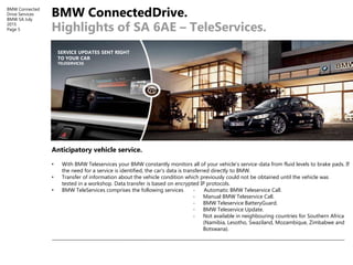 BMW Connected
Drive Services
BMW SA July
2015
Page 5
BMW ConnectedDrive.
Highlights of SA 6AE – TeleServices.
Anticipatory...
