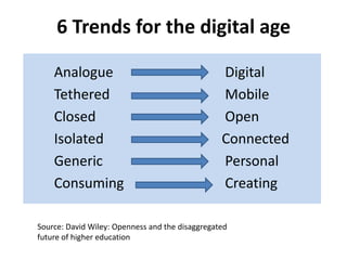 6 Trends for the digital age
Analogue Digital
Tethered Mobile
Closed Open
Isolated Connected
Generic Personal
Consuming Creating
Source: David Wiley: Openness and the disaggregated
future of higher education
 