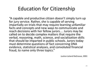 26
Education for Citizenship
“A capable and productive citizen doesn’t simply turn up
for jury service. Rather, she is capable of serving
impartially on trials that may require learning unfamiliar
facts and concepts and new ways to communicate and
reach decisions with her fellow jurors…. Jurors may be
called on to decide complex matters that require the
verbal, reasoning, math, science, and socialization skills
that should be imparted in public schools. Jurors today
must determine questions of fact concerning DNA
evidence, statistical analyses, and convoluted financial
fraud, to name only three topics.”
Justice Leland DeGrasse, 2001
 