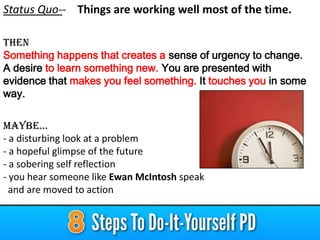 Status Quo-- Things are working well most of the time.
THEN
Something happens that creates a sense of urgency to change.
A desire to learn something new. You are presented with
evidence that makes you feel something. It touches you in some
way.
Maybe…
- a disturbing look at a problem
- a hopeful glimpse of the future
- a sobering self reflection
- you hear someone like Ewan McIntosh speak
and are moved to action
 