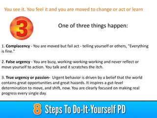 One of three things happen:
1. Complacency - You are moved but fail act - telling yourself or others, "Everything
is fine."
2. False urgency - You are busy, working-working-working and never reflect or
move yourself to action. You talk and it scratches the itch.
3. True urgency or passion- Urgent behavior is driven by a belief that the world
contains great opportunities and great hazards. It inspires a gut-level
determination to move, and shift, now. You are clearly focused on making real
progress every single day.
You see it. You feel it and you are moved to change or act or learn
 