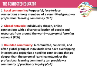 • THE CONNECTED EDUCATOR
1. Local community: Purposeful, face-to-face
connections among members of a committed group—a
professional learning community (PLC)
2. Global network: Individually chosen, online
connections with a diverse collection of people and
resources from around the world—a personal learning
network (PLN)
3. Bounded community: A committed, collective, and
often global group of individuals who have overlapping
interests and recognize a need for connections that go
deeper than the personal learning network or the
professional learning community can provide—a
community of practice or inquiry (CoP)
 