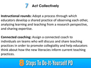 Instructional rounds: Adopt a process through which
educators develop a shared practice of observing each other,
analyzing learning and teaching from a research perspective,
and sharing expertise.
Connected coaching: Assign a connected coach to
individuals on teams who will discuss and share teaching
practices in order to promote collegiality and help educators
think about how the new literacies inform current teaching
practices.
 