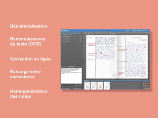 Dématérialisation
Reconnaissance
de texte (OCR)
Correction en ligne
Échange entre
correcteurs
Homogénéisation
des notes
 