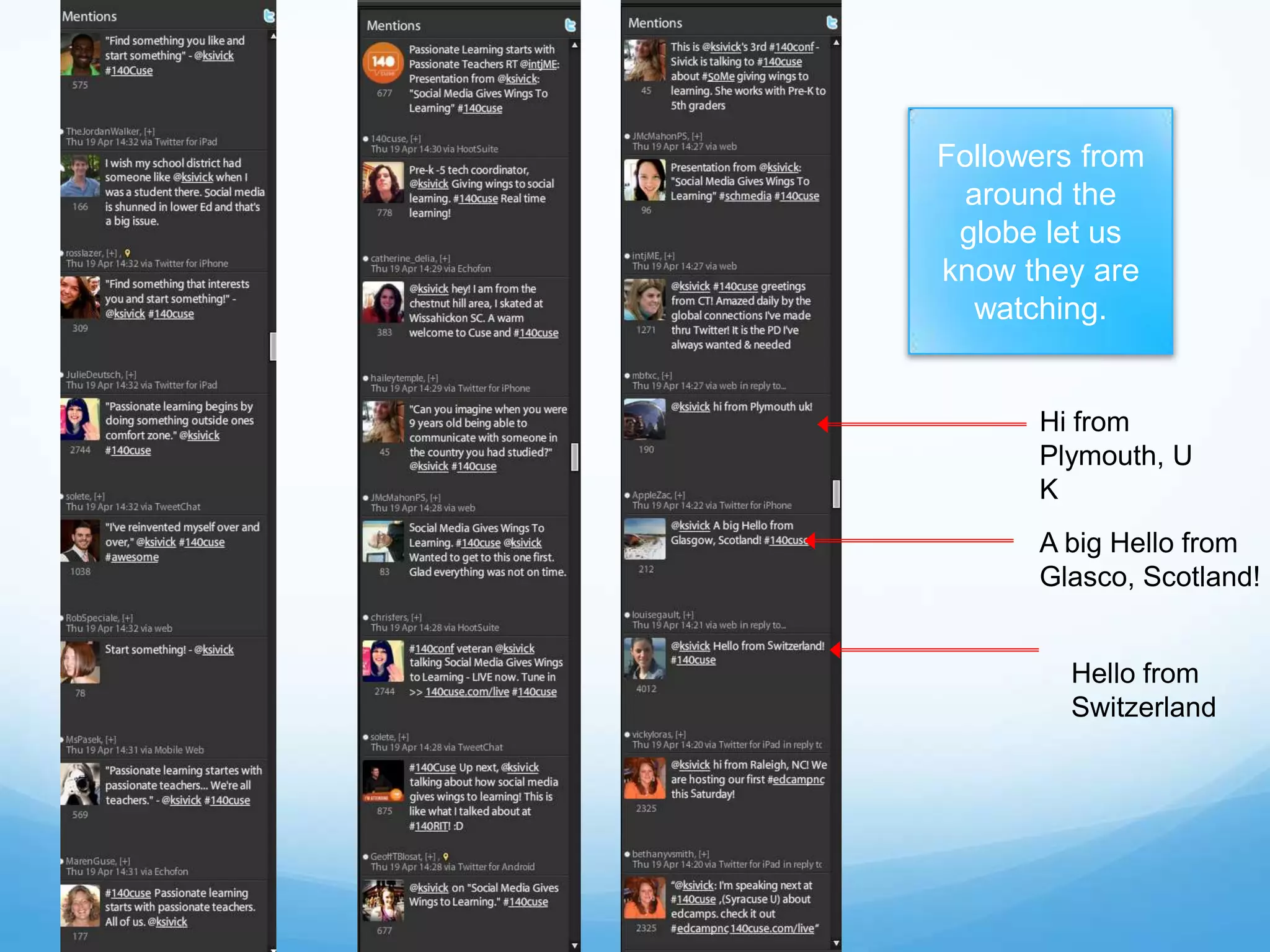 Followers from
around the
globe let us
know they are
watching.
Hi from
Plymouth, U
K
A big Hello from
Glasco, Scotland!
Hello from
Switzerland
 