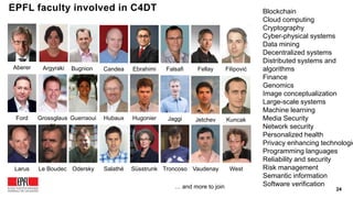 24
EPFL faculty involved in C4DT
Aberer
Vaudenay
Ebrahimi
Süsstrunk
Kuncak
Larus
Hubaux
Odersky Troncoso
Ford Guerraoui
Falsafi
Le Boudec
FilipovićArgyraki
HugonierGrossglaus
er
Jetchev
Candea
Salathé
Fellay
… and more to join
Blockchain
Cloud computing
Cryptography
Cyber-physical systems
Data mining
Decentralized systems
Distributed systems and
algorithms
Finance
Genomics
Image conceptualization
Large-scale systems
Machine learning
Media Security
Network security
Personalized health
Privacy enhancing technologie
Programming languages
Reliability and security
Risk management
Semantic information
Software verification
West
Jaggi
Bugnion
 