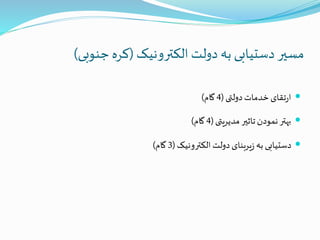 ‫الکترونیک‬ ‫دولت‬ ‫به‬ ‫دستیابی‬ ‫مسیر‬(‫جنوبی‬ ‫کره‬)
‫دولتی‬‫خدمات‬‫تقای‬‫ر‬‫ا‬(4‫گام‬)
‫مدیریتی‬ ‫تاثیر‬‫نمودن‬‫بهتر‬(4‫گام‬)
‫الکترونیک‬‫دولت‬‫یربنای‬‫ز‬ ‫به‬‫دستیابی‬(3‫گام‬)
 