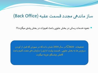 ‫عقبه‬ ‫قسمت‬‫مجدد‬ ‫ماندهی‬ ‫ساز‬(Back Office)
‫میگردد‬‫پشتی‬‫بخش‬‫در‬‫ات‬‫ر‬‫تغیی‬‫باعث‬‫جلویی‬‫بخش‬‫در‬‫سانی‬‫ر‬‫خدمات‬‫نحوه‬!!!
‫تحقیقات‬Cisco‫سال‬ ‫در‬2004‫دن‬‫ر‬‫آو‬‫از‬ ‫قبل‬ ‫که‬ ‫تی‬‫ر‬‫صو‬ ‫در‬ ‫که‬‫داده‬ ‫نشان‬
‫ب‬‫کنیم‬ ‫مجدد‬ ‫دهی‬‫مان‬‫ز‬‫سا‬ ‫ا‬‫ر‬‫ی‬‫ادار‬ ‫پشت‬‫قسمت‬ ، ‫جلویی‬‫بخش‬ ‫به‬ ‫ها‬ ‫یس‬‫و‬‫سر‬‫اعث‬
‫میگردد‬ ‫هزینه‬ ‫چشمگیر‬ ‫کاهش‬.
 