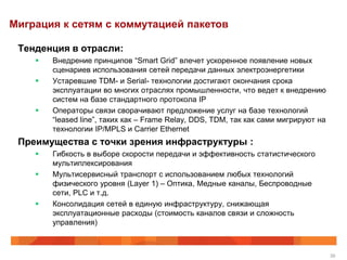 Миграция к сетям с коммутацией пакетов

 Тенденция в отрасли:
       Внедрение принципов “Smart Grid” влечет ускоренное появление новых
        сценариев использования сетей передачи данных электроэнергетики
       Устаревшие TDM- и Serial- технологии достигают окончания срока
        эксплуатации во многих отраслях промышленности, что ведет к внедрению
        систем на базе стандартного протокола IP
       Операторы связи сворачивают предложение услуг на базе технологий
        “leased line”, таких как – Frame Relay, DDS, TDM, так как сами мигрируют на
        технологии IP/MPLS и Carrier Ethernet
 Преимущества с точки зрения инфраструктуры :
       Гибкость в выборе скорости передачи и эффективность статистического
        мультиплексирования
       Мультисервисный транспорт с использованием любых технологий
        физического уровня (Layer 1) – Оптика, Медные каналы, Беспроводные
        сети, PLC и т.д.
       Консолидация сетей в единую инфраструктуру, снижающая
        эксплуатационные расходы (стоимость каналов связи и сложность
        управления)



                                                                                      38
 