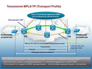Технология MPLS-TP (Transport Profile)

                              Путь статически заданный NMS
                              или выбранный динамически
        Основной LSP




Клиентское                                                                  Клиенское
устройство             PE                                           PE      устройство

                                                                    Резервный LSP
                       MPLS-TP LSP (Статический или динамический)
                                                                      с e2у-to e2e and
                                       Pseudowire
                                                                      segment OAM
                            Секция              Секция
                              Передача данных клиента



 Постоянное соединение с предопределенными основным и резервным маршрутами
 Транспортный туннель с резервированием 1:1 , switching triggered by in-band OAM,
 Статический путь задается NMS, динамический - протоколами маршрутизации и сигналинга
  47
                                                                                         47
 