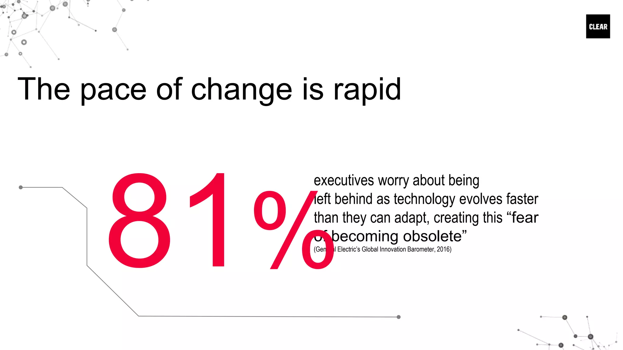 The pace of change is rapid
executives worry about being
left behind as technology evolves faster
than they can adapt, creating this “fear
of becoming obsolete”
(General Electric’s Global Innovation Barometer, 2016)
81%
 