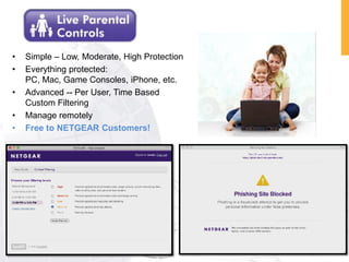 •   Simple – Low, Moderate, High Protection
•   Everything protected:
    PC, Mac, Game Consoles, iPhone, etc.
•   Advanced -- Per User, Time Based
    Custom Filtering
•   Manage remotely
•   Free to NETGEAR Customers!
 