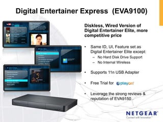 Digital Entertainer Express (EVA9100)
                   Diskless, Wired Version of
                   Digital Entertainer Elite, more
                   competitive price

                   •   Same ID, UI, Feature set as
                       Digital Entertainer Elite except:
                        – No Hard Disk Drive Support
                        – No Internal Wireless

                   •   Supports 11n USB Adapter

                   •   Free Trial for

                   •   Leverage the strong reviews &
                       reputation of EVA9150
 