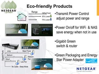 Eco-friendly Products
                                                  Range   100% Power
                                                                       •Transmit Power Control
                                                          50% Lower
                                                          75% Lower     adjust power and range

                                                                       •Power On/off for WiFi & NAS
                                                                        save energy when not in use

                                                                       •Gigabit Green
                                                                        switch & router
                 Long                Base Power
Gigabit Ports




                 Medium
                                             Medium
                                                                       •Green Packaging and Energy
                Short
                                   Low Pwr
                                             Pwr
                                                                        Star Power Adapter
                        No Cable - Sleep Mode
 