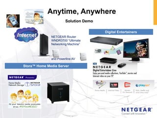 Anytime, Anywhere
                         Solution Demo

                                         Digital Entertainers
Internet        NETGEAR Router
                WNDR3700 “Ultimate
                Networking Machine”



                and Powerline AV

  Stora™ Home Media Server
 