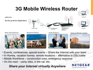 3G Mobile Wireless Router



                                                           Homes and Remote Locations




• Events, conferences, special events – Share the Internet with your team
• In Homes, vacation homes, remote locations - alternative to DSL/cable
• Mobile Workforce – construction crew, emergency response
• On the road – camp sites, in the car, etc.
     Share your Internet virtually Anywhere
 