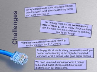 Today’s digital world is considerably different than the world most of our teachers grew up and went to school inChallengesTechnology tools are the contemporarytools of literacy, yet for many of our teachers both the tools and the environments that they enable are foreign Yet these are essential tools and learning environments in the 21st CenturyTo help guide students wisely, we need to develop a deeper understanding of the digitally connected world and what it means to be good digital citizensWe need to remind students of what it means to be good digital citizens each time we use digital tools in our classrooms.